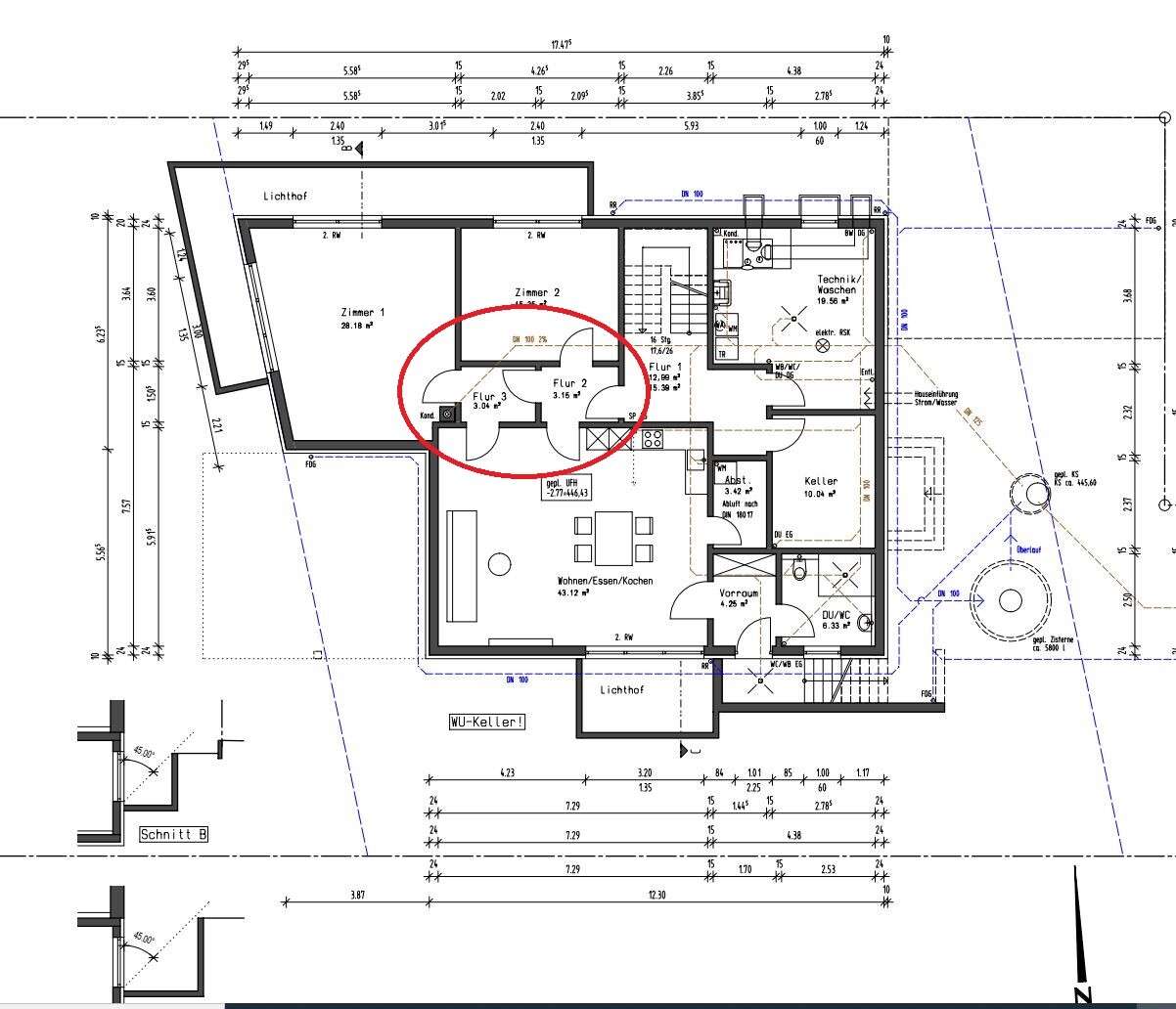 Grundriss eines Hauses: Wohnzimmer, Küche, zwei Zimmer, Flure; rote Markierung um Flur 1–3.