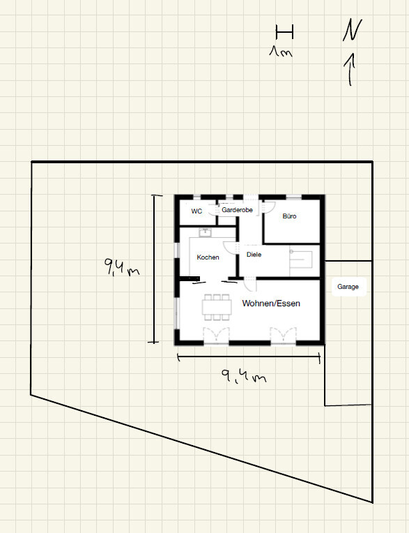 Grundriss eines Hauses mit Wohnzimmer, Kochen, Diele, Garderobe, WC, Büro und Garage