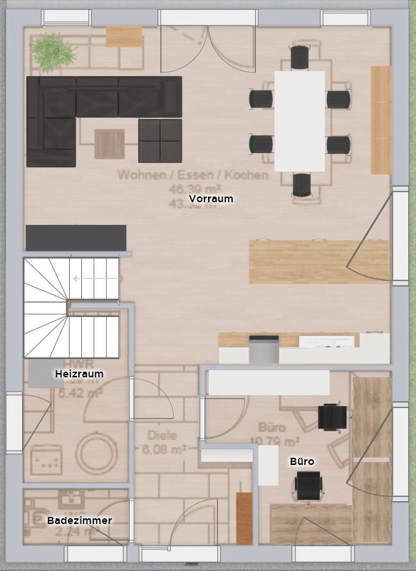 Grundriss eines Hauses mit Wohnbereich, Essbereich, Küche, Büro und Heizraum