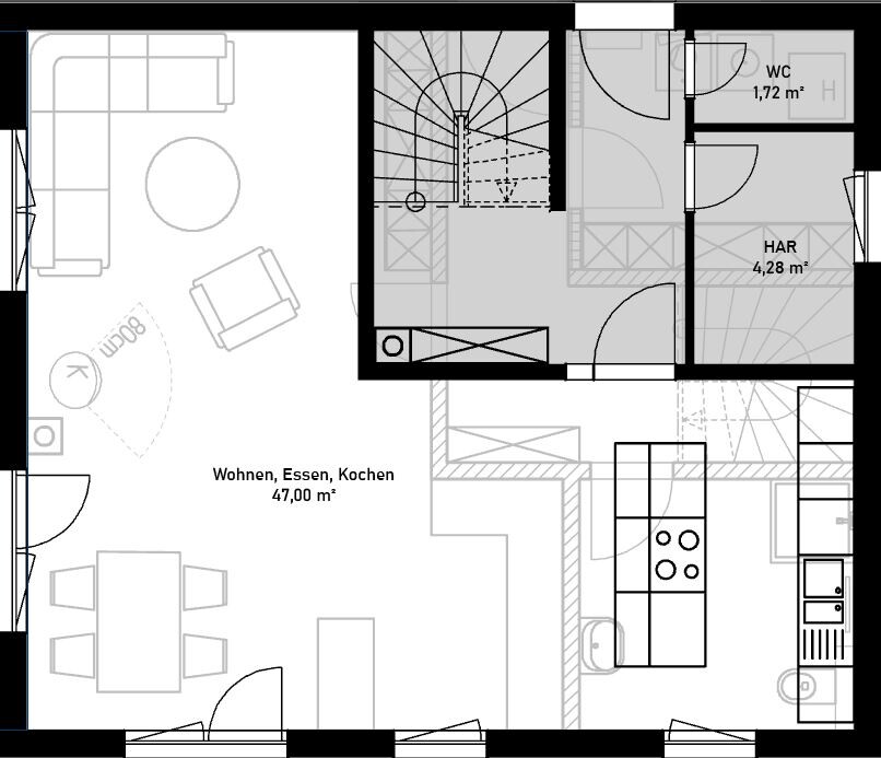 Offener Grundriss: Wohn-/Ess-/Kochbereich (47 m²) mit Treppe, WC, HAR.