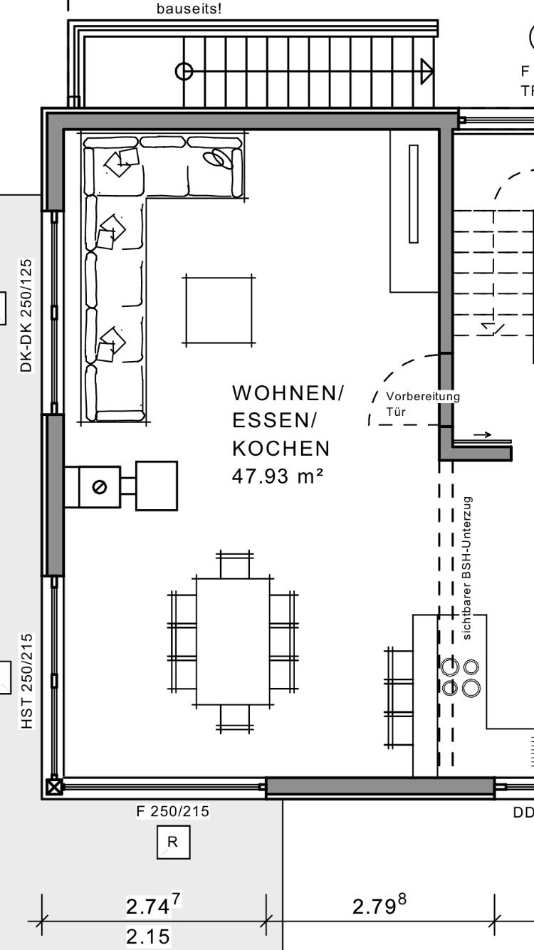 Offener Wohn-, Ess- und Kochbereich mit L-Sofa und Esstisch (47,93 m²).