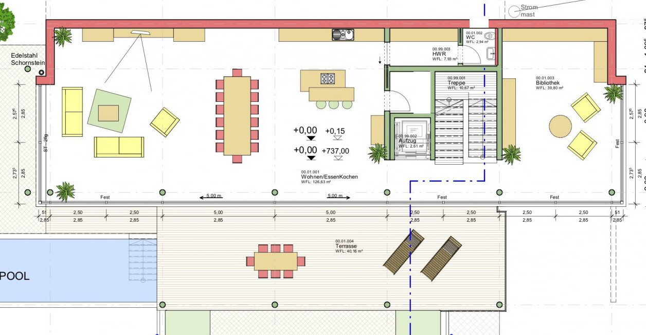 2D-Grundriss eines offenen Wohnbereichs mit Küche, Essplatz und Terrasse.
