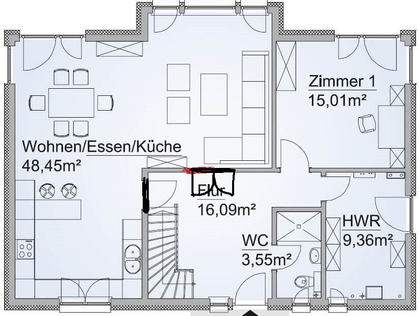 Grundriss eines Hauses: offener Wohn-/Ess-/Küchenbereich mit Zimmer 1, Flur, WC, HWR.