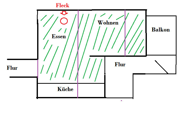 Grundriss eines Wohn- und Essbereichs mit Küche, Flur und Balkon