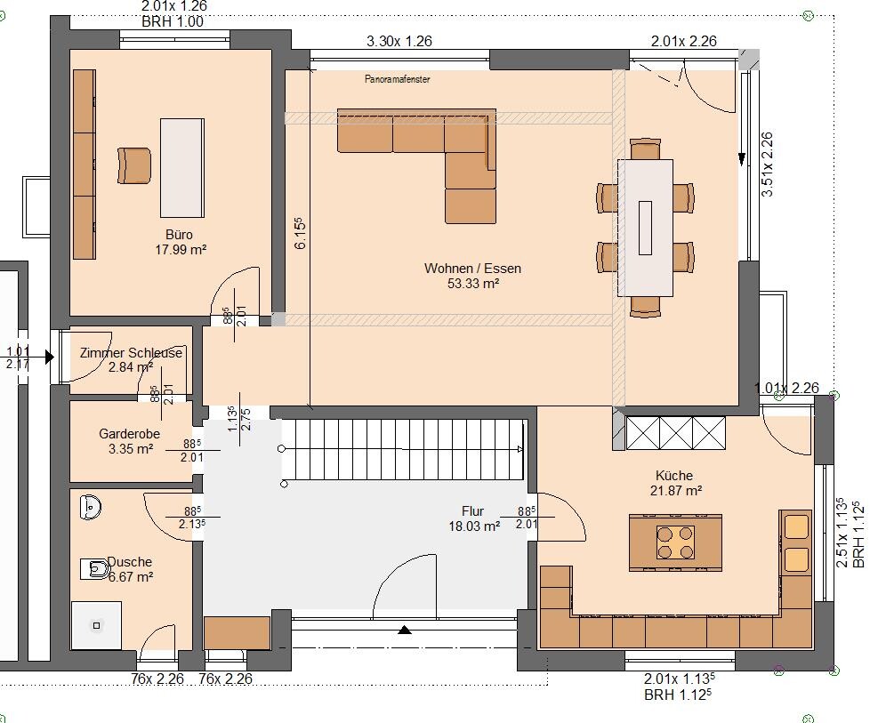 Grundriss eines Wohnplans: Wohnzimmer/Essen, Küche, Büro, Flur, Dusche, Garderobe.