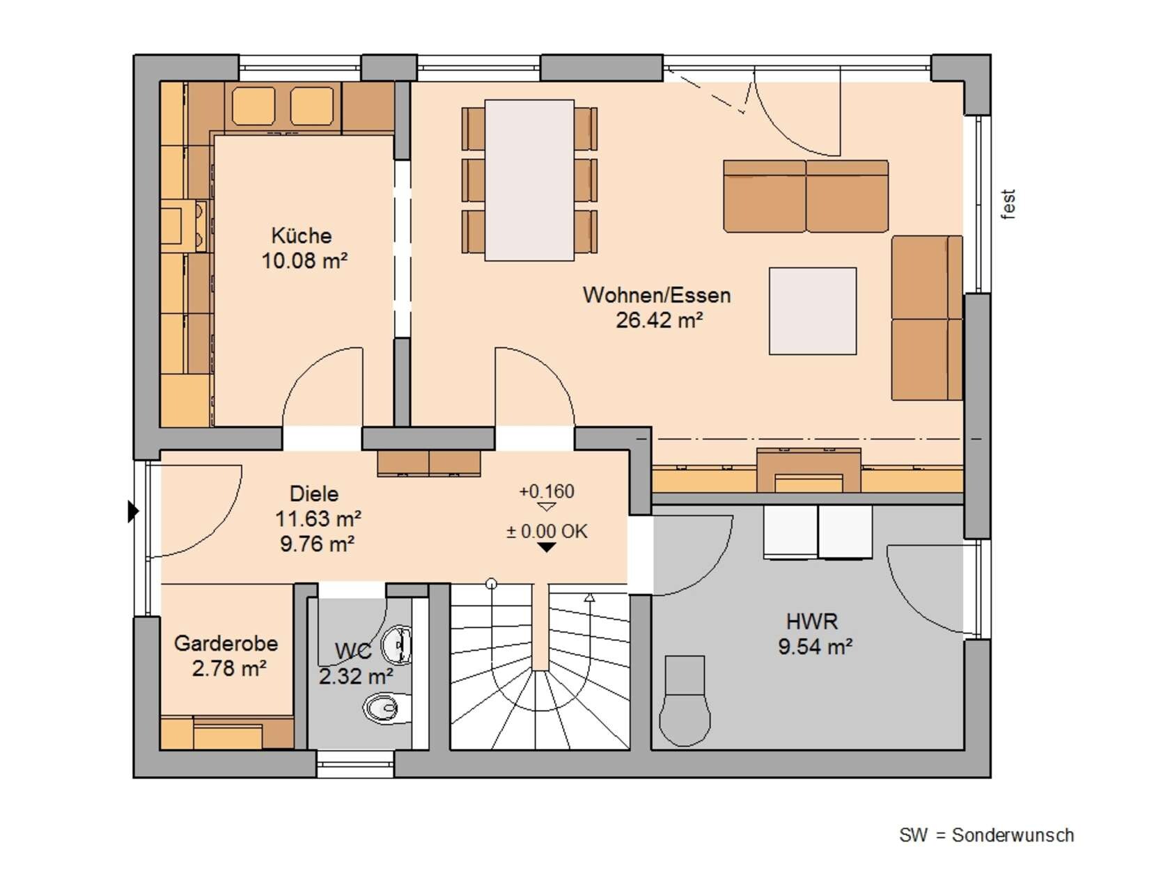 Grundriss eines Erdgeschosses: Küche, Wohnen/Essen, Diele, Garderobe, WC, HWR und Treppenhaus.