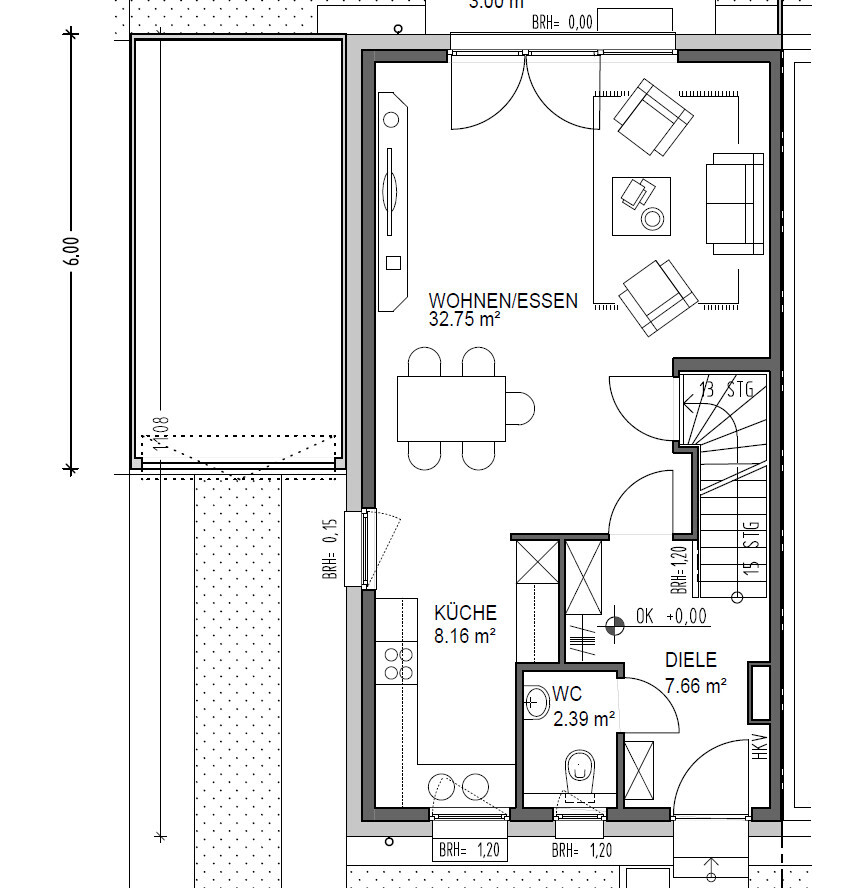 Grundriss eines Wohn-/Essbereichs mit Küche, Diele, WC und Treppe.