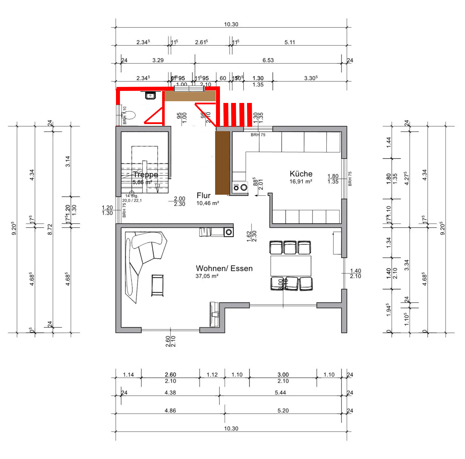 2D-Grundriss eines Hauses mit Kuche, Wohn- und Essbereich, Flur und Treppe