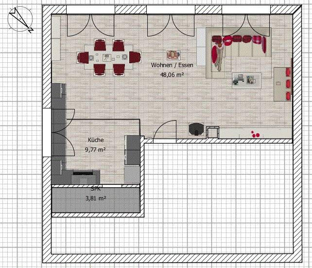 Grundriss: Offene Küche, Wohn-/Essbereich mit Esstisch, Couchbereich und Speisekammer.