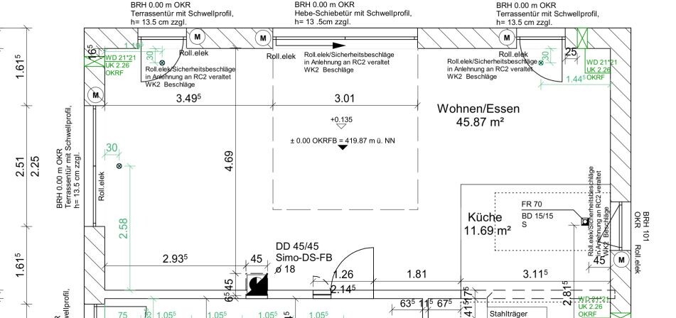 2D-Grundriss eines offenen Wohn- und Essbereichs mit Küche und Eingangsbereich