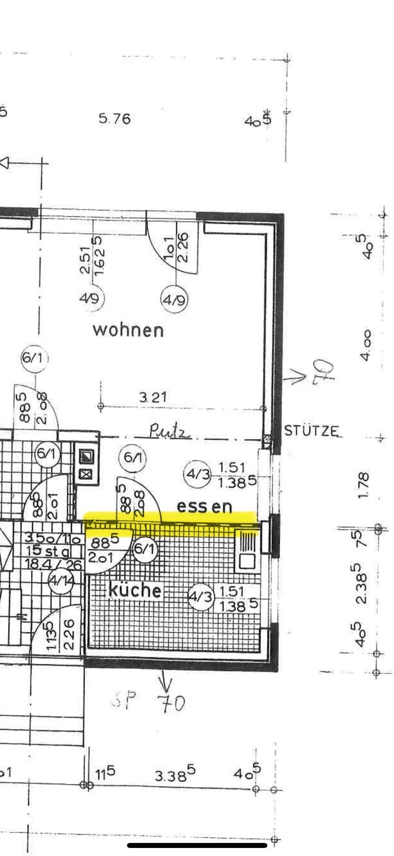 Grundriss eines Wohnbereichs mit Küche und Essbereich im Grundrissplan.