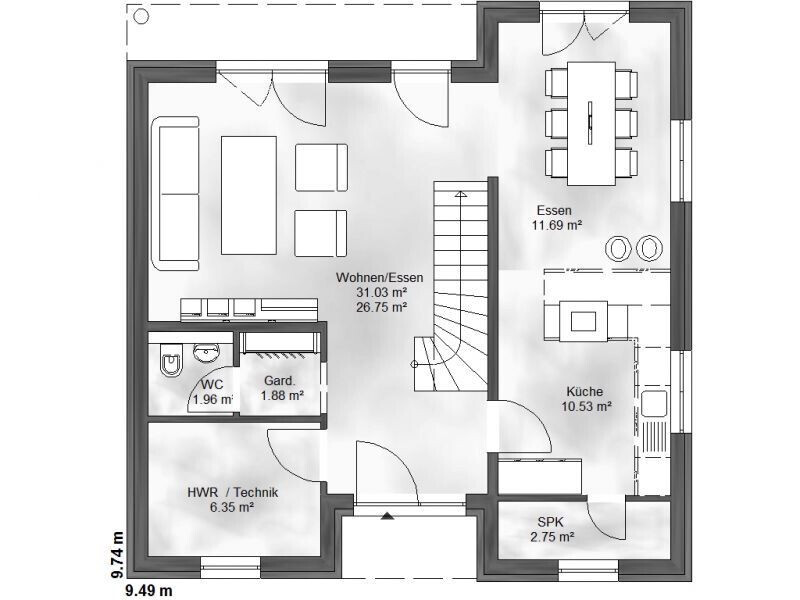 Grundriss eines Hauses: Erdgeschoss mit Wohnen/Essen, Küche, Essbereich, WC, Garderobe, HWR/Technik.