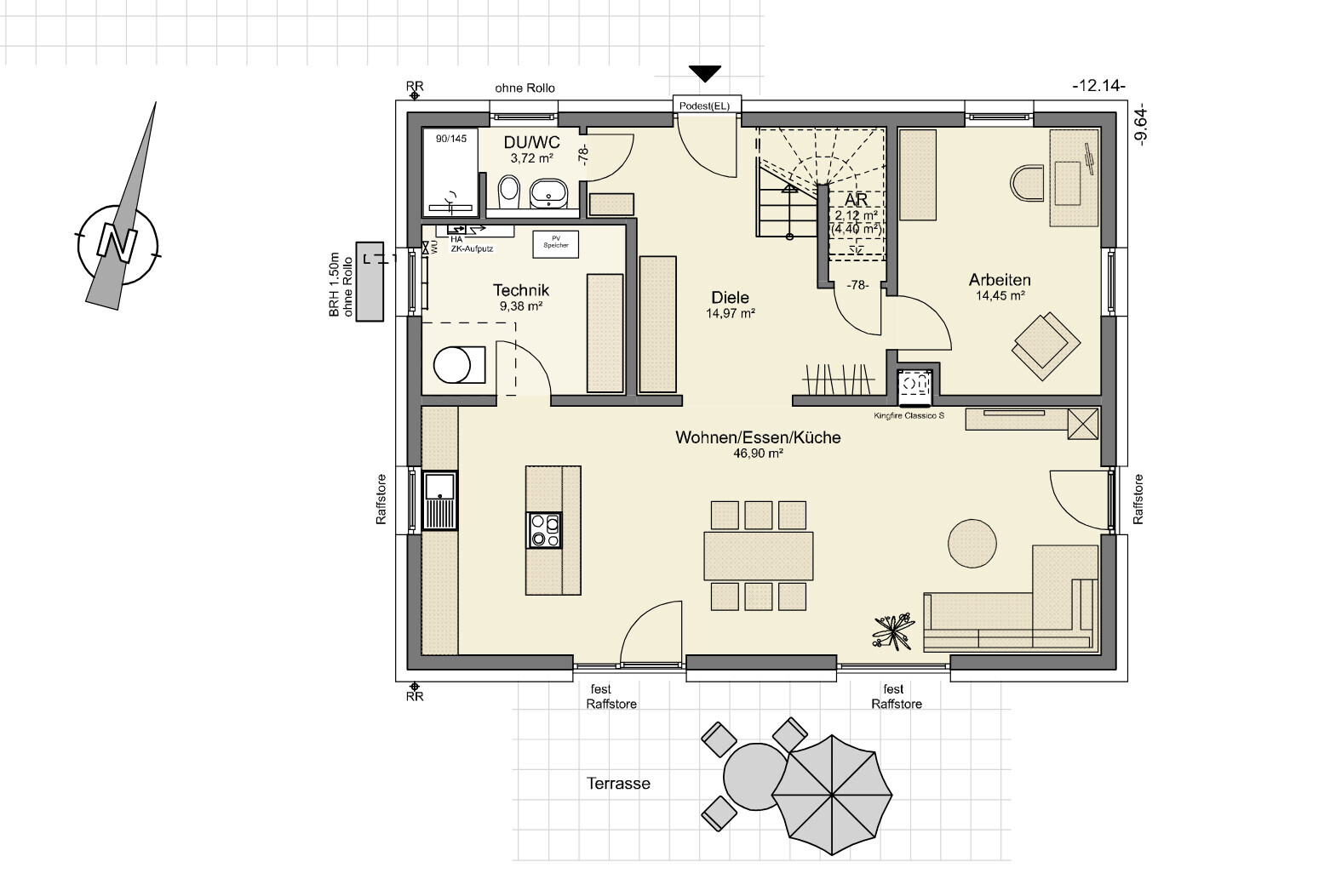 Grundriss eines Hauses: offenes Wohn-/Ess-/Küchenzimmer, Arbeitszimmer, Technik, Terrasse.