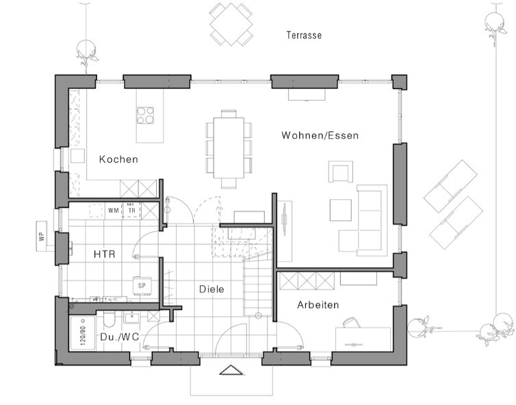 Erdgeschoss-Grundriss: Diele, Küche, Wohnen/Essen, Arbeiten, Du/WC, Heizraum, Terrasse.