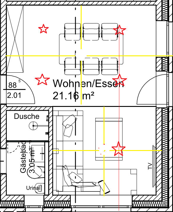 Grundriss eines Wohn- und Essbereichs mit Sitzgruppe, Küche und Dusche