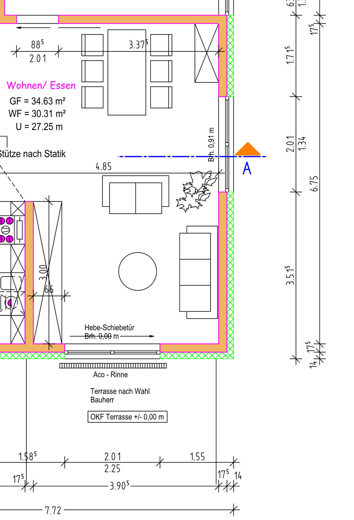 Detalierter Grundriss eines Wohn- und Essbereichs mit Tisch, Sofas und Türen