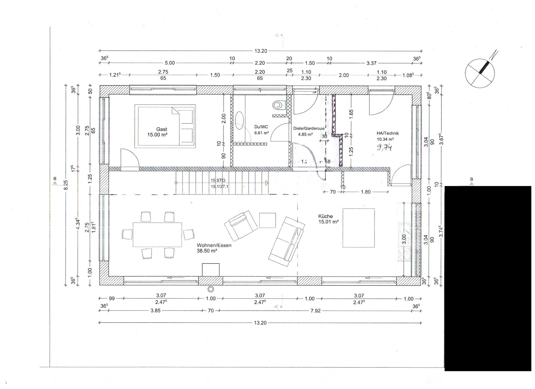 Grundriss: Wohn-Essbereich, Küche, Gastzimmer, Diele, Du/WC, Technikraum.