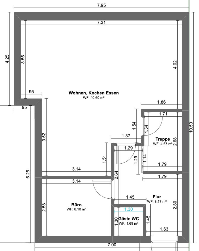 2D-Grundriss eines Hauses mit Wohnbereich Kochen Essen Büro Gaeste-WC Flur und Treppe