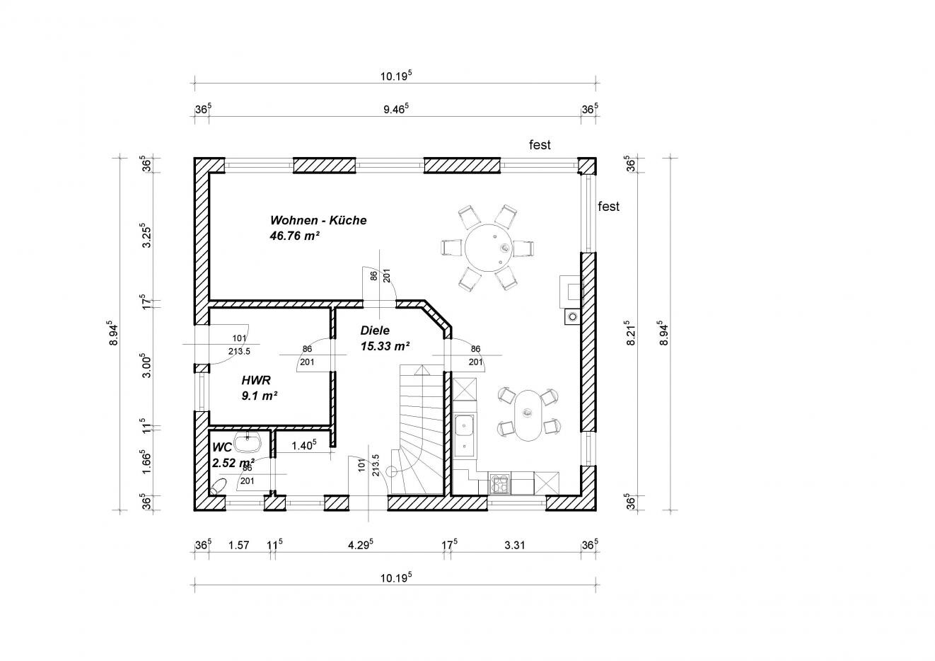 2D-Grundriss eines Wohn- und Küchenbereichs mit Diele, HWR, WC und Treppe.