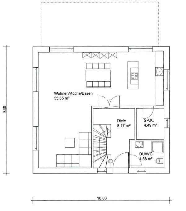 2D-Grundriss eines Hauses mit Wohnküche, Diele und Bad/WC