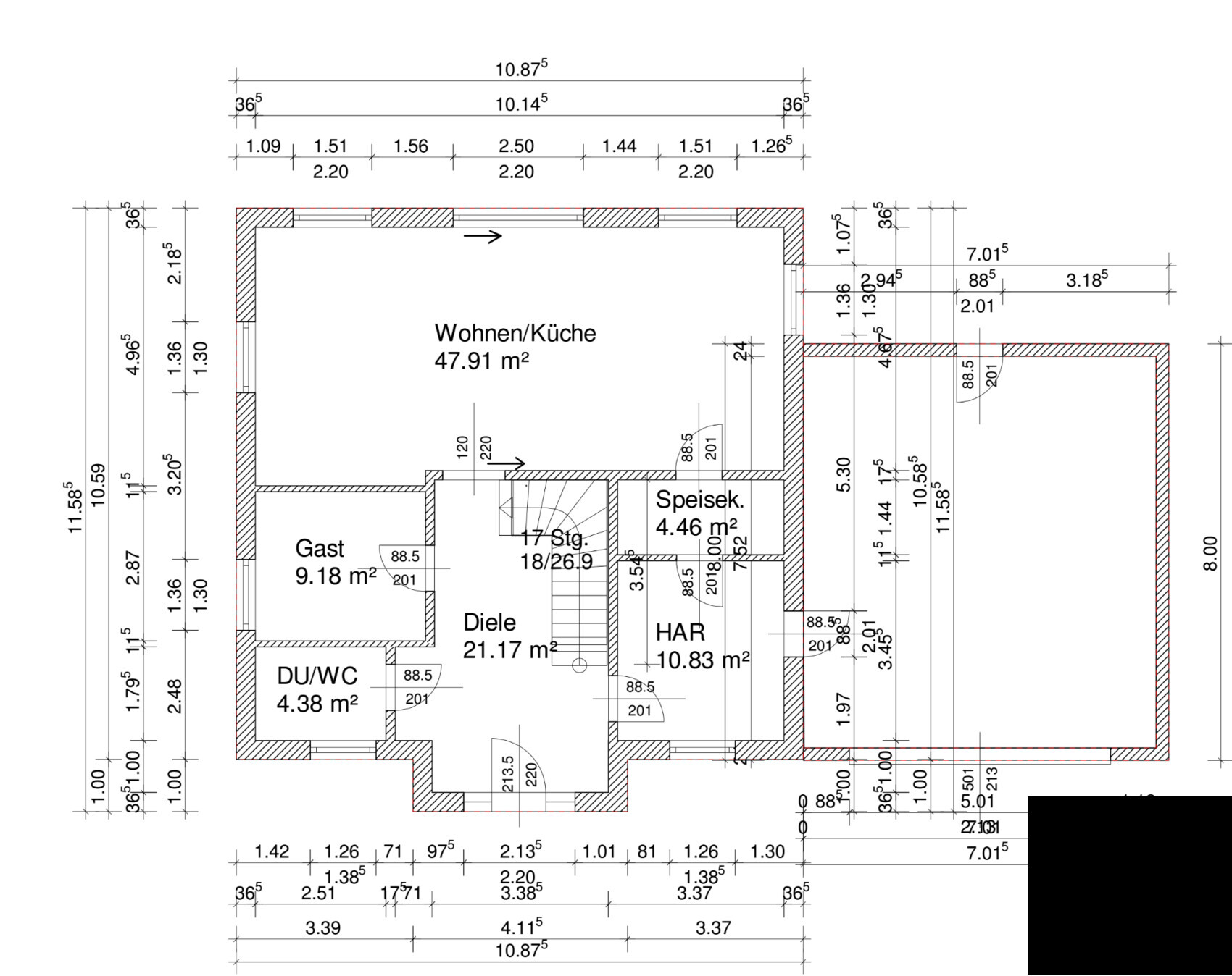 Grundriss eines Hauses mit Wohn- und Küchebereich, Diele, Gästezimmer, Bad, HAR und Treppe