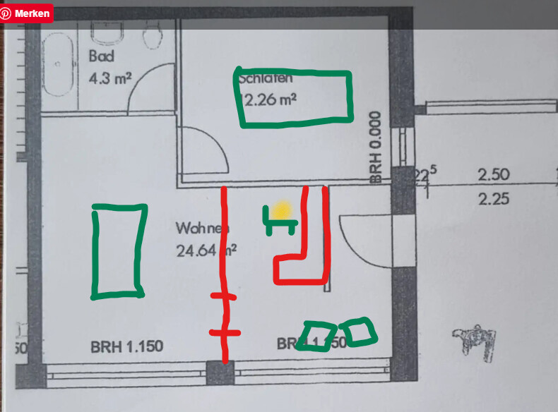 Grundriss eines Wohnraums mit Bad (4.3 m²) und Schlafen (2.26 m²); Wohnen 24.64 m².