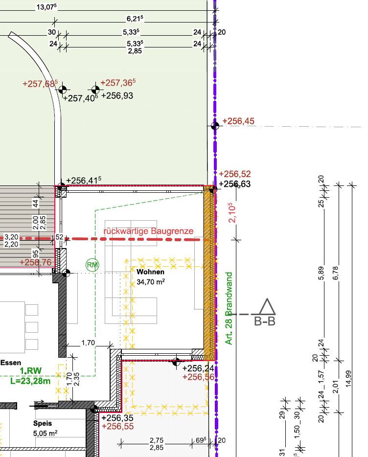 Detaillierter Grundriss eines Wohnbereichs mit Terrasse, Wänden und Maßen.