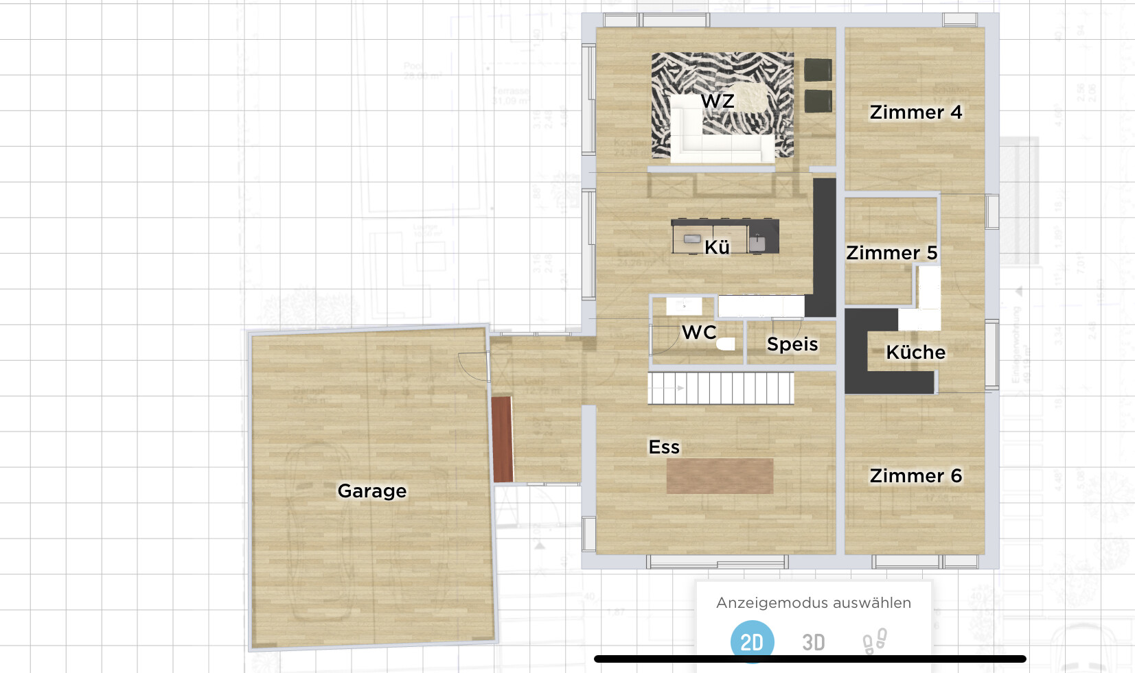 Grundriss: Garage links, Esszimmer, Wohnzimmer, Küche, Speis, WC, Zimmer 4–6.