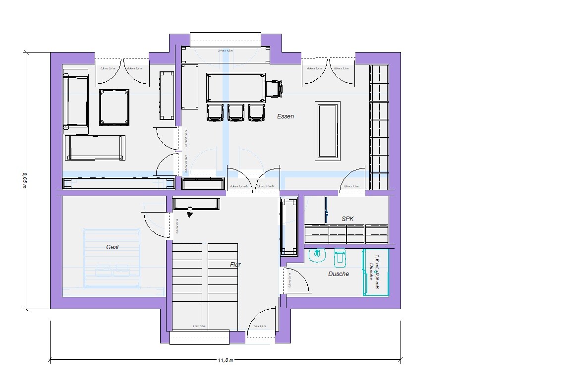 2D Grundriss eines Wohnhauses mit Essbereich, Flur, Gästezimmer und Bad