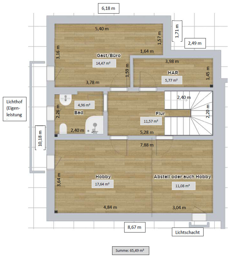 Grundriss eines Etagenplans mit Gast/Büro, HAR, Bad, Flur und Hobby/Abstellraum.