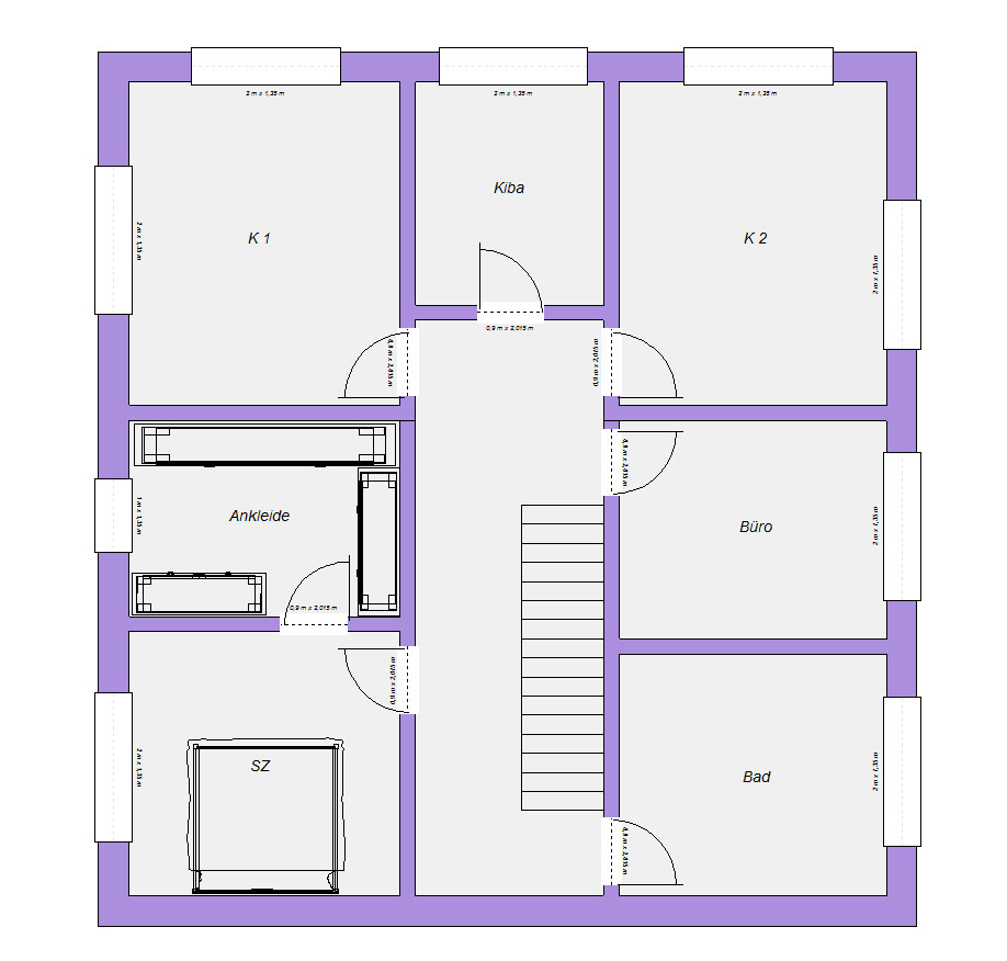 Grundriss eines Mehrzimmer-Hauses mit Küche, Bad, Schlafzimmer, Büro, Ankleide und Treppe