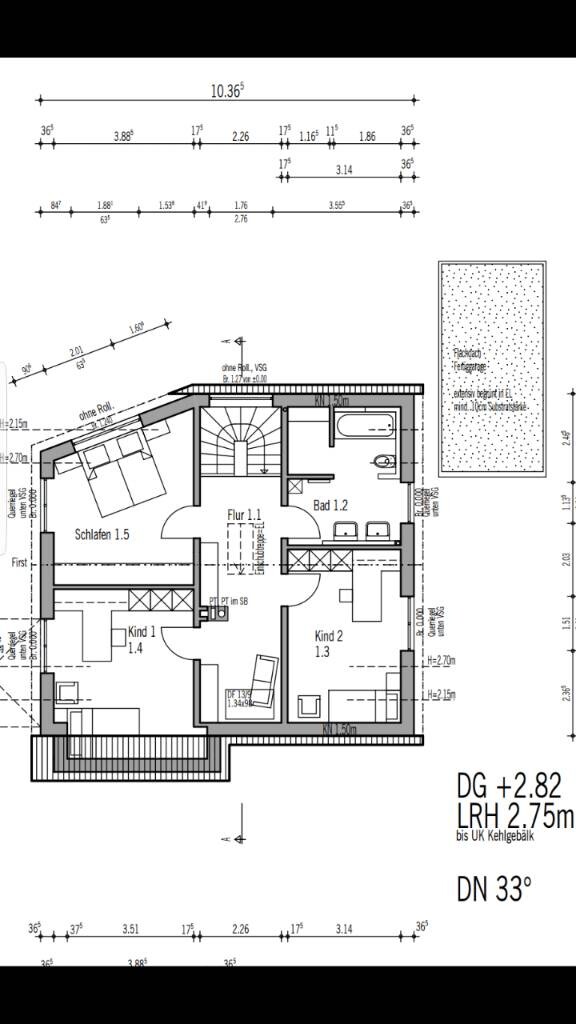 Grundriss eines Wohnhauses mit Schlafzimmern Bad Flur und Treppenbereich in 2D