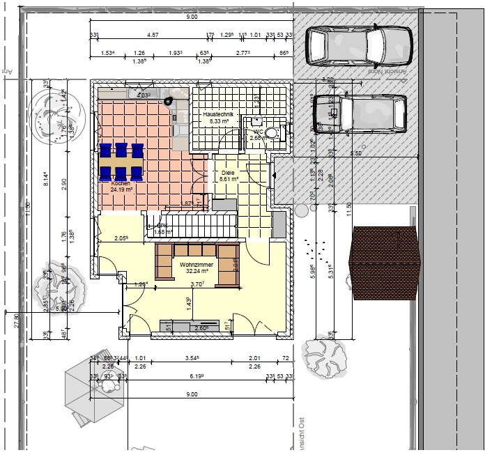 Grundriss eines Einfamilienhauses mit Küche, Wohnzimmer, Flur, Treppenhaus, Bad und Außenbereich.