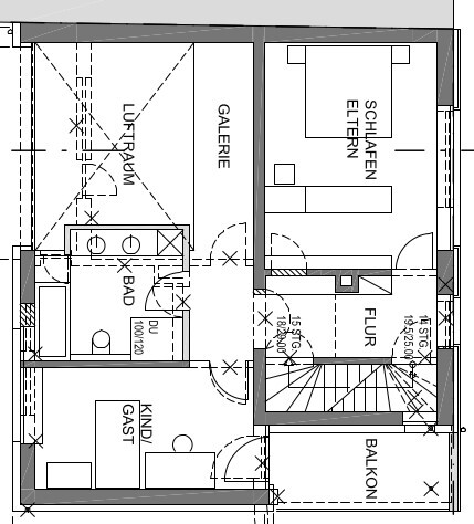 2D-Grundriss eines Hauses mit Schlafzimmer, Bad, Flur und Balkon