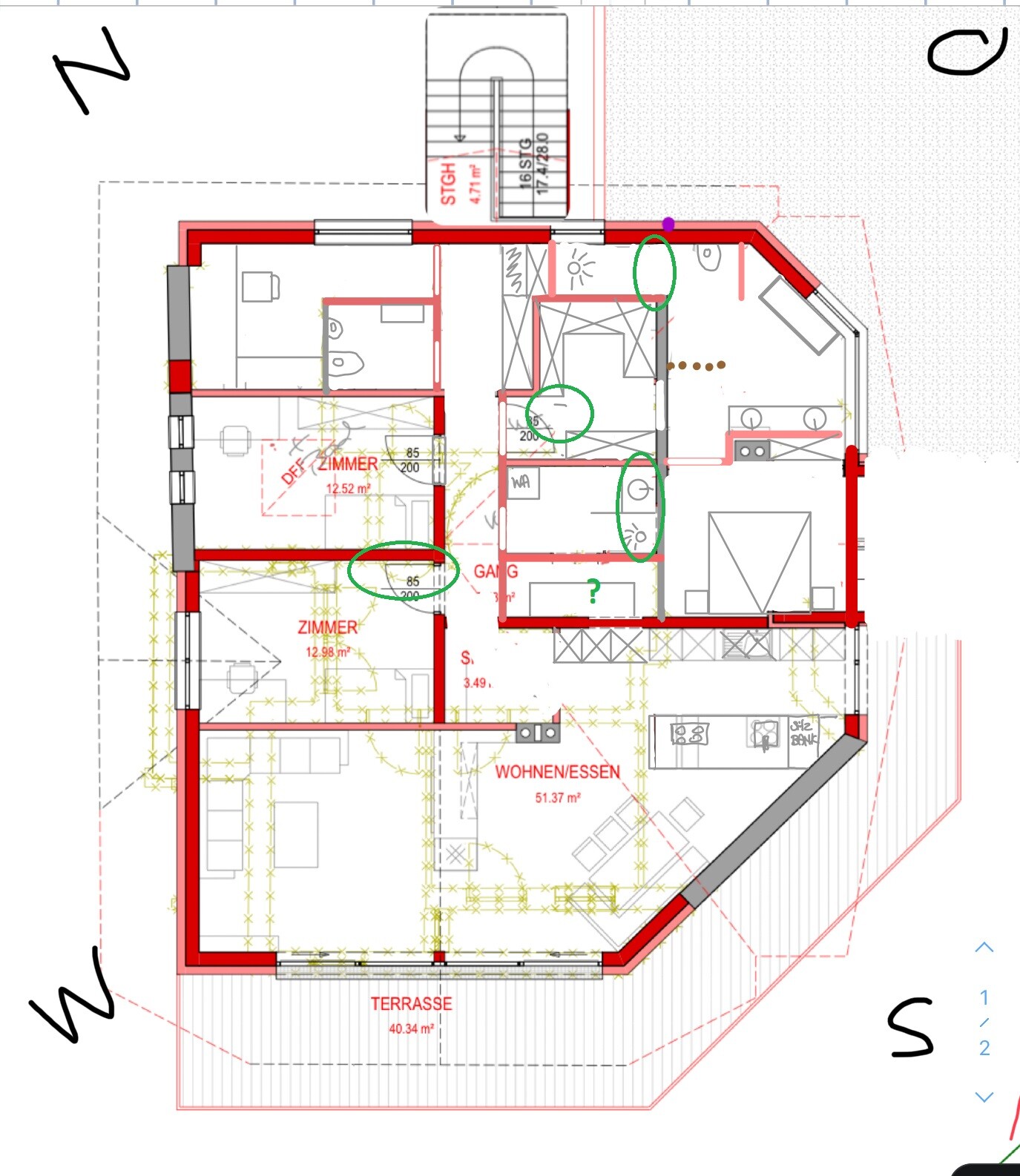 Detaillierter Grundriss eines Wohnhauses mit Terrasse, Wohn- und Essbereich, Küche und Schlafzimmer