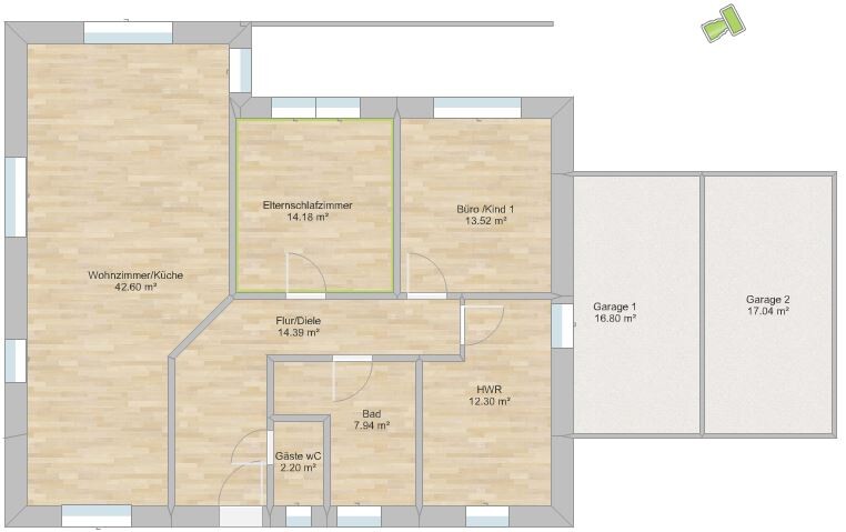 2D-Grundriss eines Wohnhauses mit Wohnzimmer, Küche, Bad, Flur, Schlafzimmer, Büro und Garage