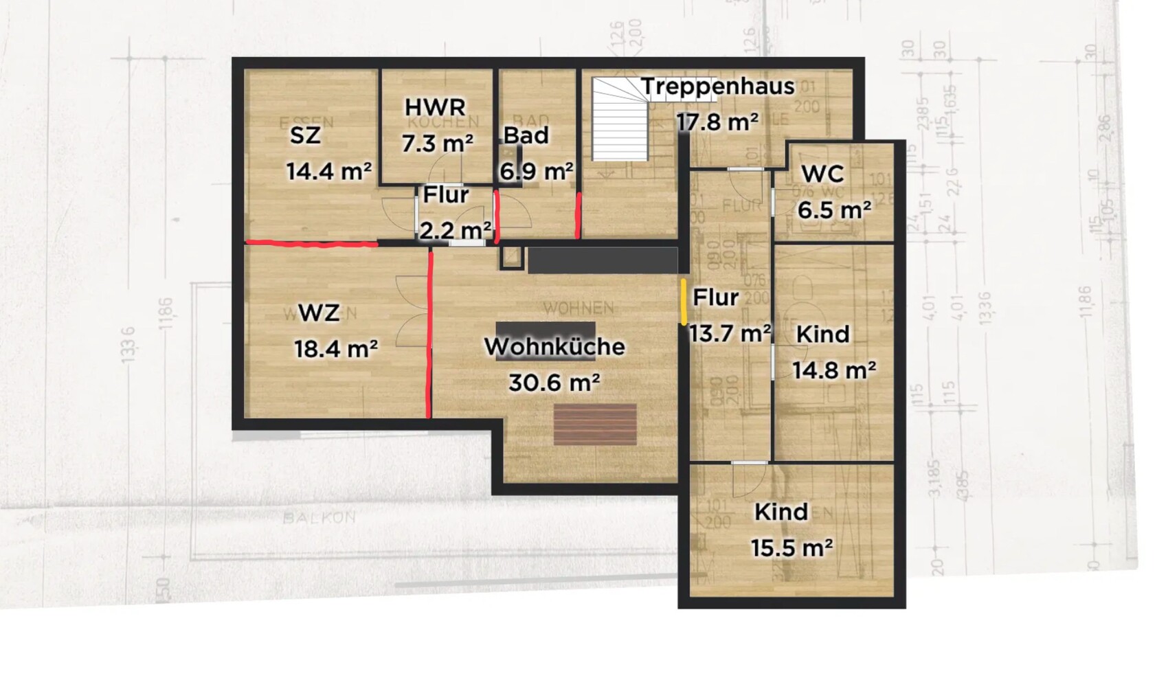 Grundriss eines Hauses mit Wohnküche, Wohnzimmer, Schlafzimmer, Kind, Flure, Bad, HWR, Treppenhaus.