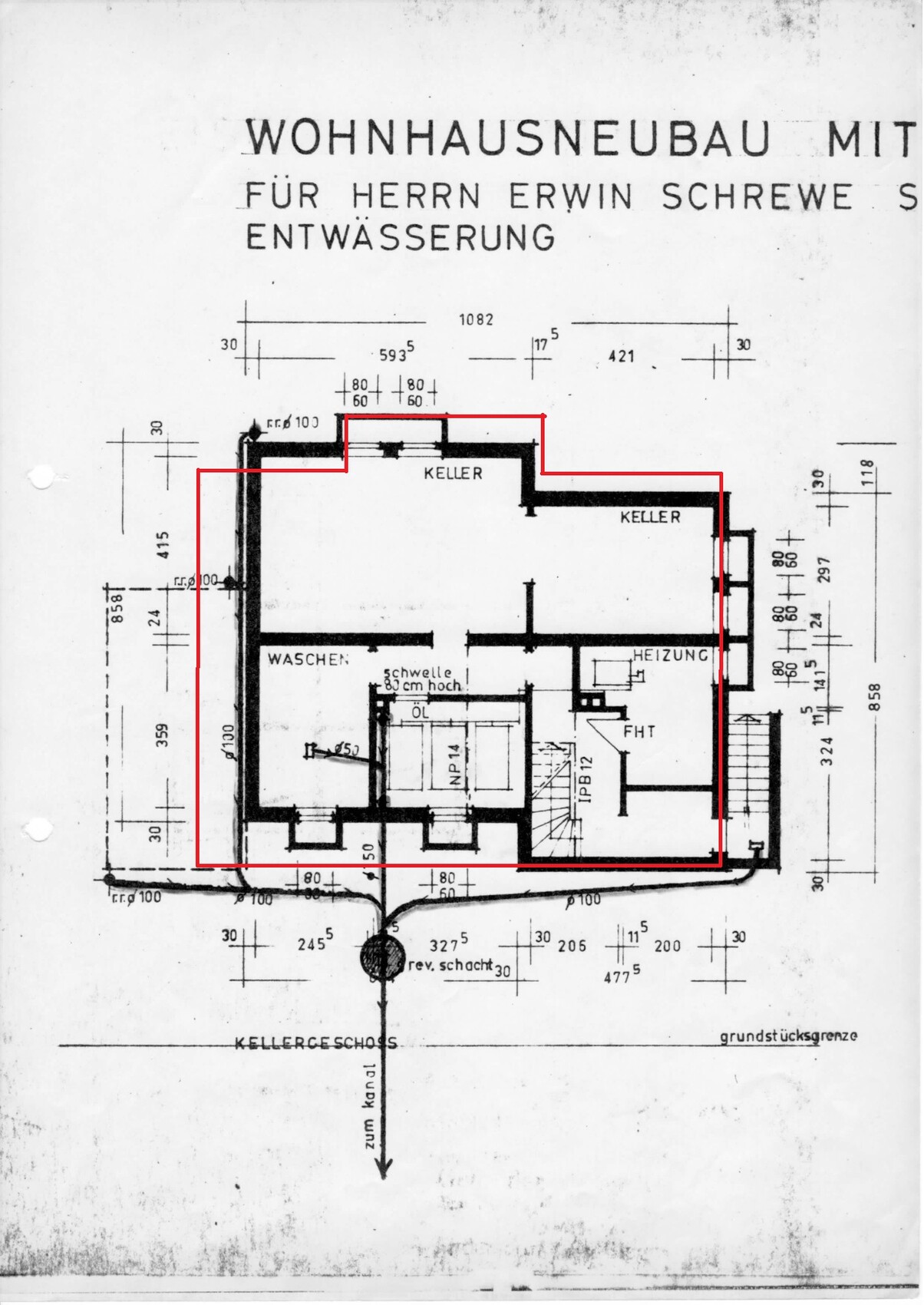Grundriss eines Kellergeschosses mit Waschen, Heizung, Keller; roter Umriss.