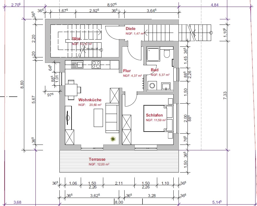 Zweidimensionale Grundrisszeichnung eines Hauses mit Wohnküche, Terrasse, Schlafzimmer und Bad.