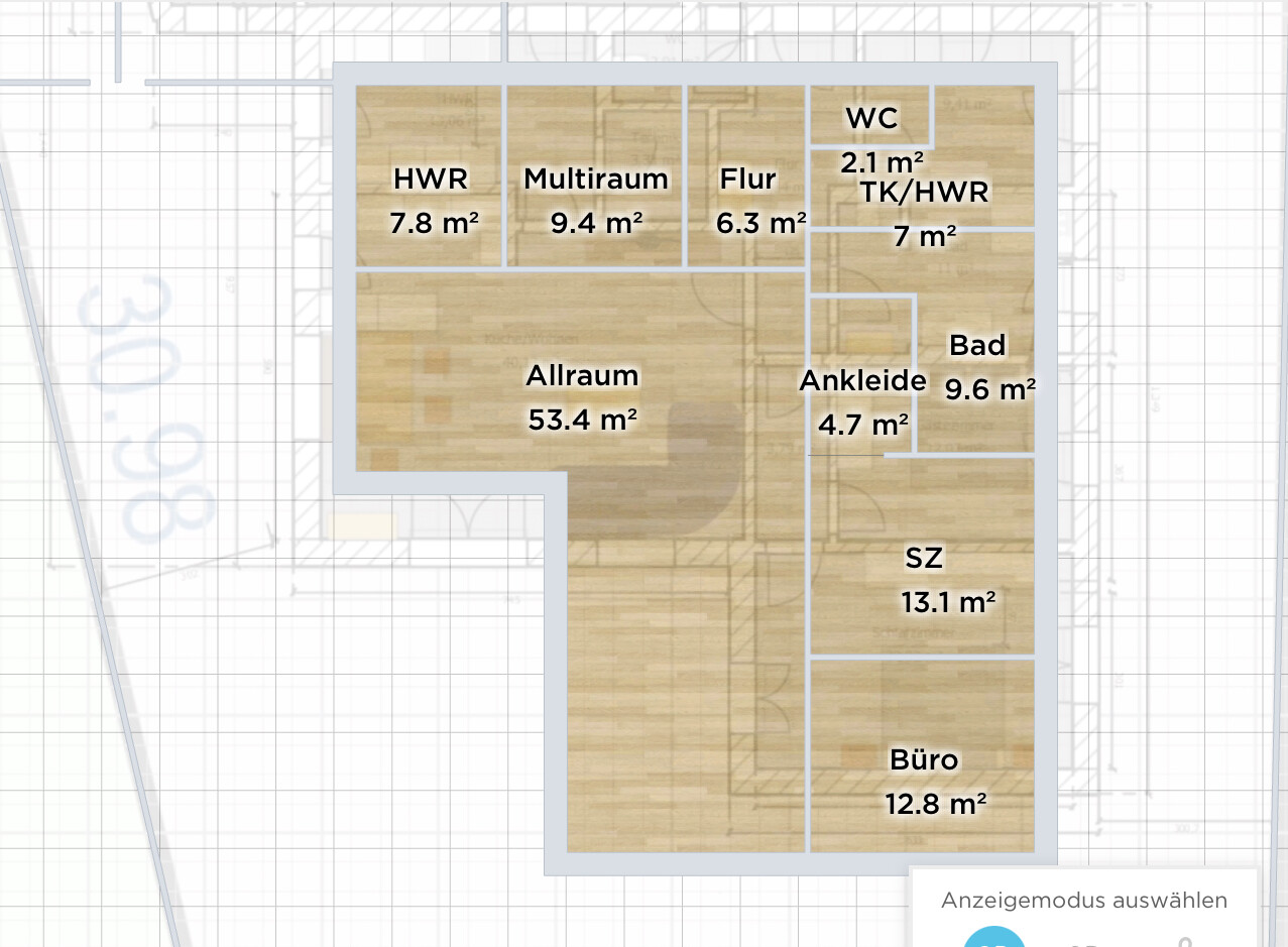 Grundriss einer Wohnung mit Allraum, SZ, Büro, Bad, Ankleide, HWR, Multiraum, Flur, WC/TK-HWR.