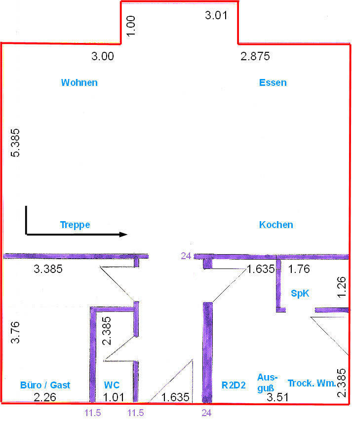 Grundriss eines Hauses mit Wohnen, Essen, Kochen, Treppe, Büro/Gast, WC und R2D2-Bereich.