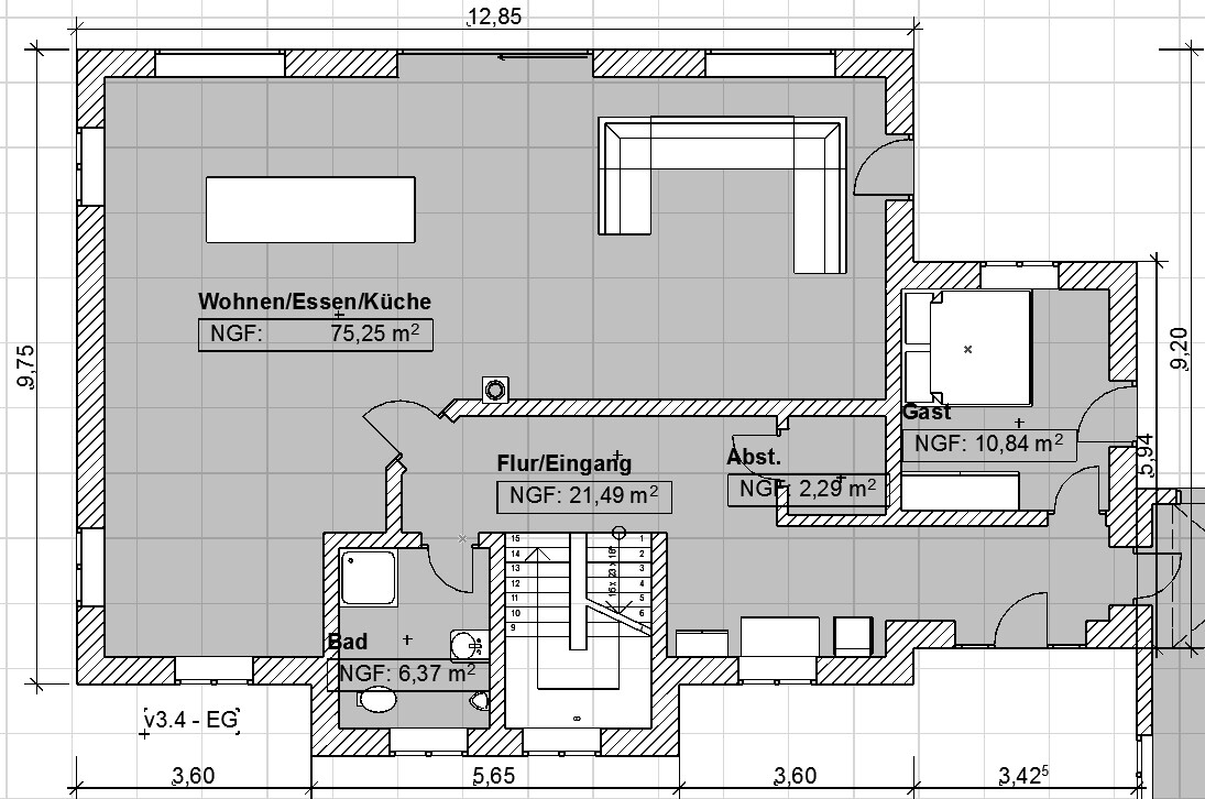 Grundriss eines offenen Wohn-/Ess-/Küchenbereichs mit Flur, Bad, Abstellraum und Gästezimmer.