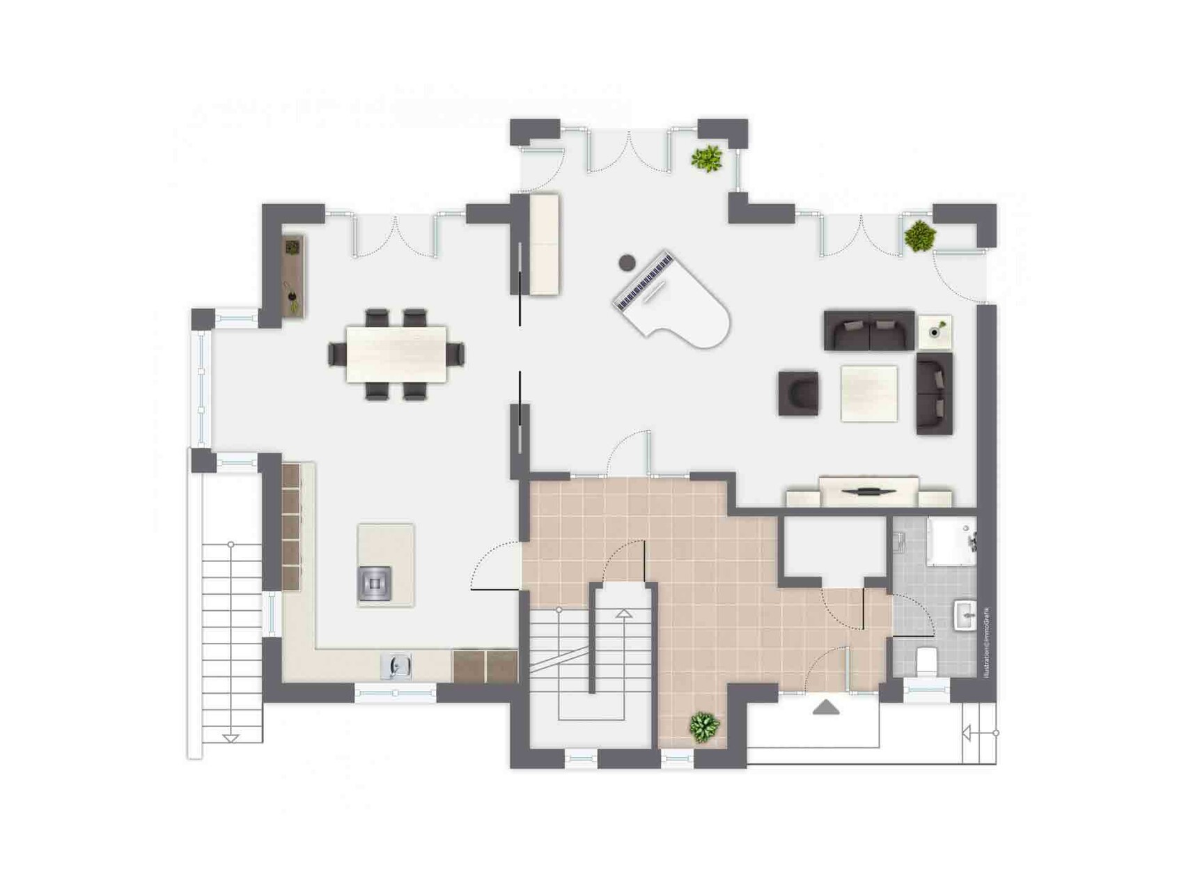 Grundriss einer Wohnung: offene Küche mit Insel, Esstisch, Wohnzimmer mit Sofa und Klavier, Flur.