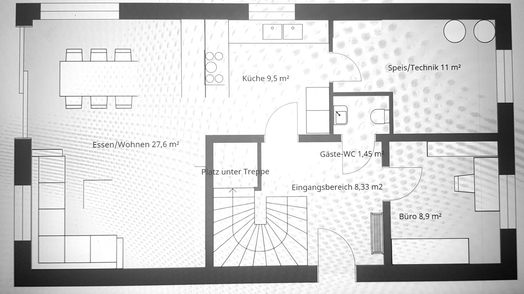 Schwarz-weiß Grundriss eines Wohnhauses mit Küche und Wohnbereich.