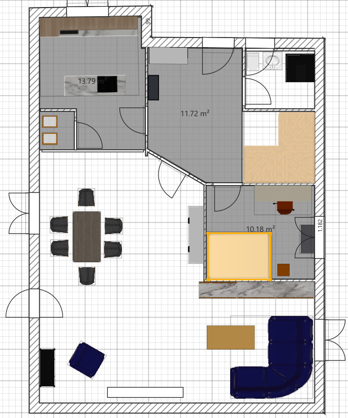 Grundriss eines Wohnhauses mit Wohnzimmer, Essbereich, Küche, Schlafzimmer und Bad