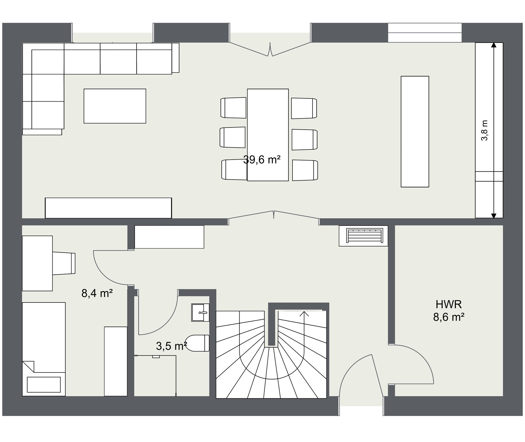 2D Grundriss: offener Wohn- und Essbereich mit Küche links, Esstisch Mitte, Treppe unten