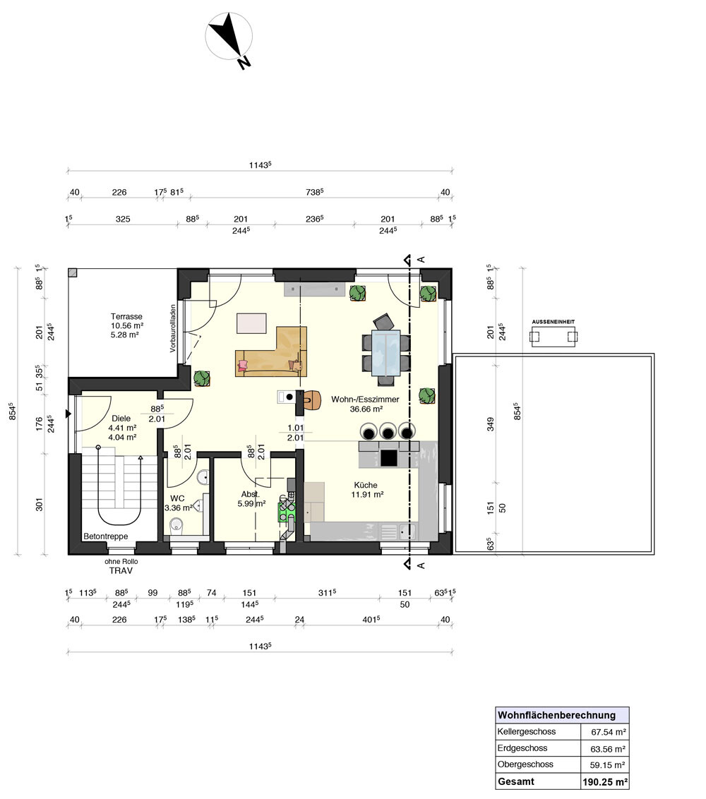 Grundriss eines Hauses: Erdgeschoss mit Terrasse, Küche und Wohn-/Esszimmer.