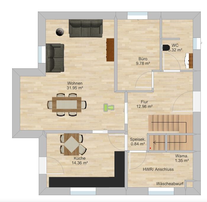 Grundriss eines Hauses mit Wohnzimmer, Küche, Büro, Flur, WC, Speisekammer und Haushaltsraum.