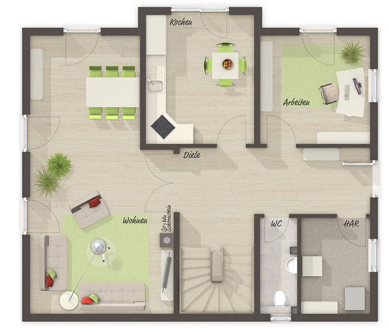 Grundriss eines Hauses mit Küche, Diele, Wohnen, Arbeitszimmer, WC und Hauswirtschaftsraum.