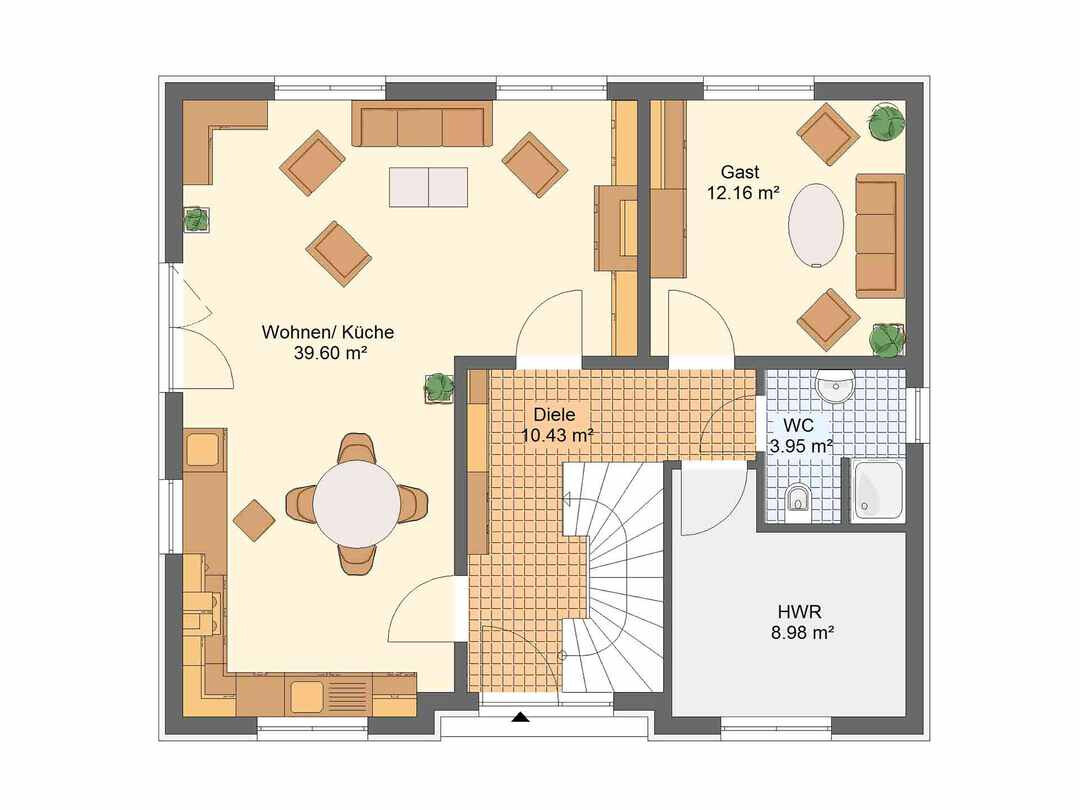 Grundriss eines Erdgeschosses: Wohn-/Küche, Diele, Gästezimmer, WC, HWR, Treppenhaus.